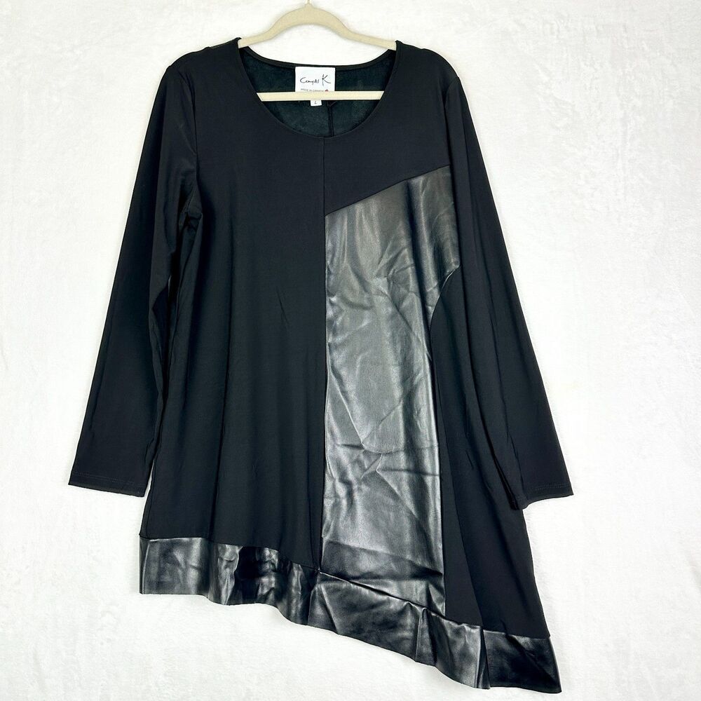 Compli K Asymmetrical Tunic Top Size Large NWT Faux Leather Stretch Knit Black